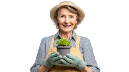 Happy elderly woman gardening, holding a potted plant, dressed in apron and gloves, isolated on white background.
