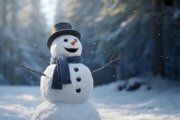 A cheerful snowman with a black hat and scarf in a snowy winter forest