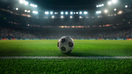 A close-up view of a soccer ball placed on a vibrant green field, with stadium lights illuminating the scene and a blurred crowd in the background, capturing the excitement of the