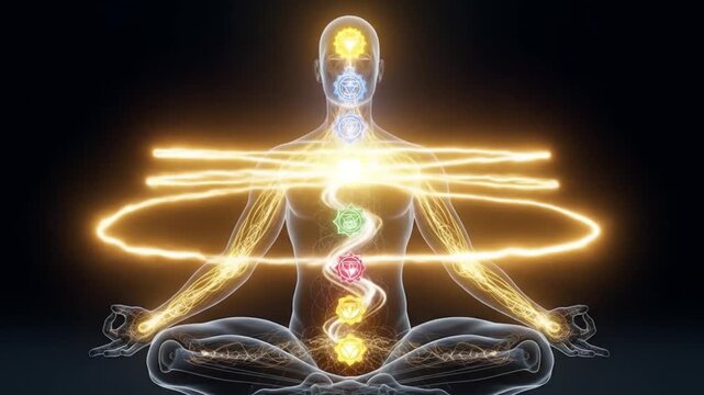 Meditating human with energy visualization suitable for mindfulness and yoga themes, illustrating calm and spirituality in design projects.