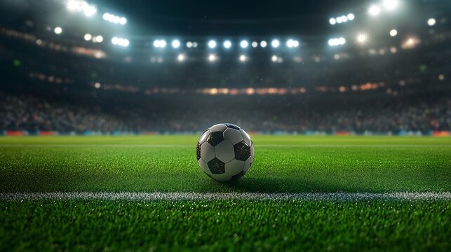 A close-up view of a soccer ball placed on a vibrant green field, with stadium lights illuminating the scene and a blurred crowd in the background, capturing the excitement of the