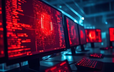 A close-up view of multiple computer screens showcasing vibrant red code, highlighting the world of technology and data analysis