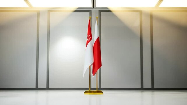Flags of Malta and Poland standing together in a brightly lit modern hall, symbolizing international cooperation and diplomatic relations.