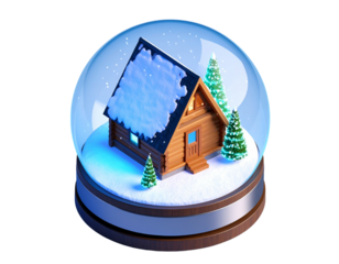 Minimalist Snow Globe with Modern A-Frame Cabin and Neon Tree, Isometric View, Transparent Background