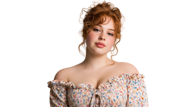Portrait of a young woman with curly red hair, wearing a floral blouse.