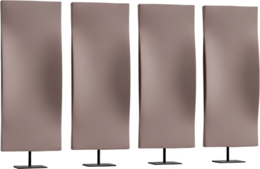 Four tall vertical fabric panels on black stands arranged in a row isolate partition room divider acoustic