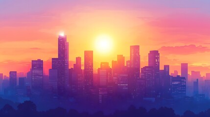Fototapeta premium Digital illustration of a cityscape bathed in vibrant sunset colors with towering buildings and a radiant sun.