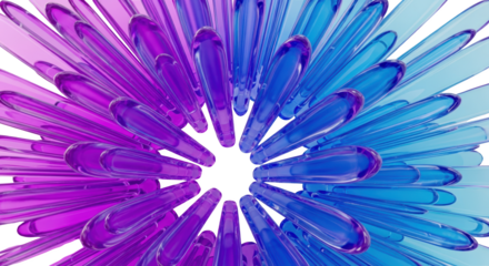 Abstract close up of translucent purple and blue teardrop shapes radiating from center background burst transparent background