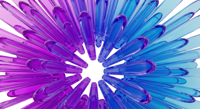 Abstract close up of translucent purple and blue teardrop shapes radiating from center background burst transparent background