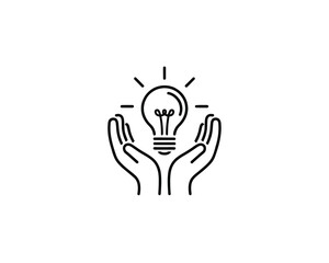 Creative idea and innovation concept. Line icon of hands holding a lightbulb as a symbol of inspiration, solution, and brainstorming.