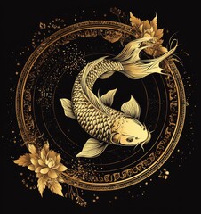 Golden koi fish in a circular design with floral elements, set against a black background.
