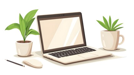 Fototapeta premium Digital illustration depicts a laptop with a blank screen, accompanied by a plant and mug on a desk.