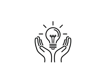 Creative idea and innovation concept. Line icon of hands holding a lightbulb as a symbol of inspiration, solution, and brainstorming.