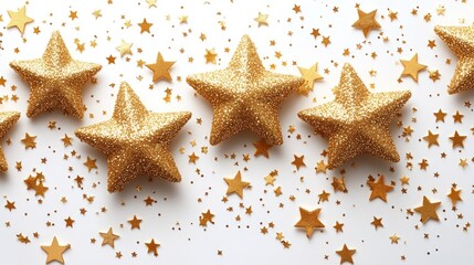 Golden glitter stars scattered on white background.