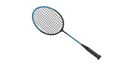Angled Badminton Racket with Blue Trim and Black Grip, Stringed Net