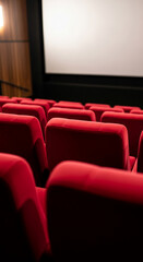 Obraz premium Rows of red velvet cinema seats facing a blank screen, showcasing a cinematic experience, representing entertainment, relaxation, and anticipation
