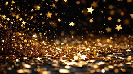 Golden glitter and stars falling on black background.