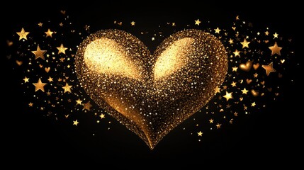 Golden glitter heart with stars on black background.