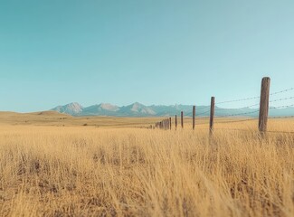 Golden field with fence leading to distant mountains under a clear blue sky.