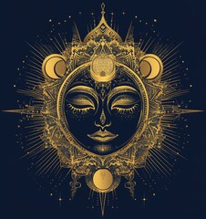 Golden celestial face with closed eyes, surrounded by ornate sun and moon details on a dark background.