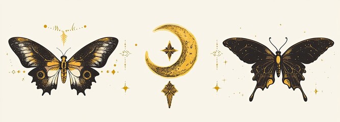 Golden butterflies and crescent moon illustration.