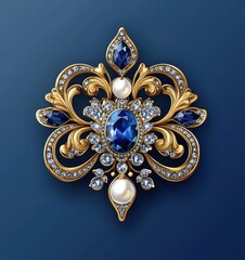 Gold ornate brooch with sapphires and pearls.