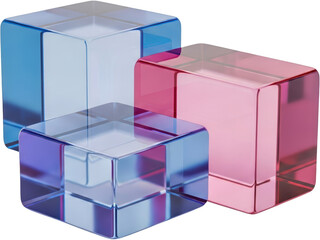 Three translucent glass cubes one pink two blue and purple arranged in a staggered cluster block geometric transparent background