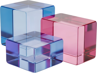 Three translucent glass cubes one pink two blue and purple arranged in a staggered cluster block geometric transparent background