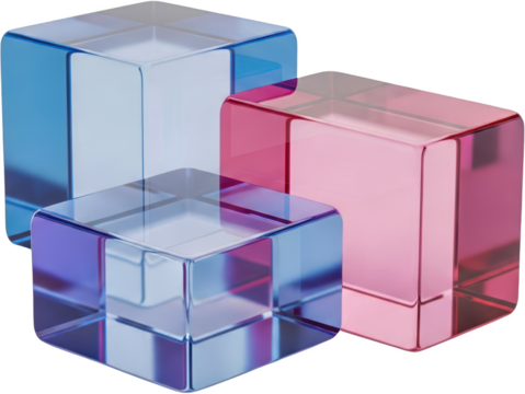 Three translucent glass cubes one pink two blue and purple arranged in a staggered cluster block geometric transparent background