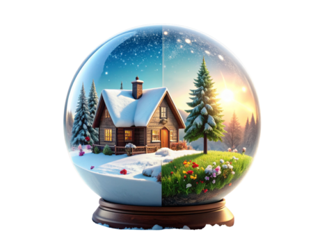 Snow Globe with Split Season Scene: Winter Christmas and Spring Garden, Transparent Background - Powered by Adobe