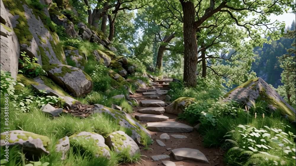 Poster winding stone path through lush green forest with trees and rocks in a serene natural setting