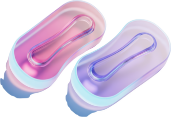 Two fluid iridescent translucent shapes with rounded edges displaying soft gradients of pink purple and blue light transparent background