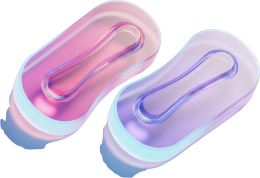 Two fluid iridescent translucent shapes with rounded edges displaying soft gradients of pink purple and blue light transparent background