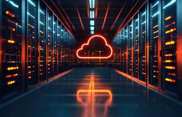Neon orange cloud computing icon in a futuristic server room with illuminated racks, ideal for IT infrastructure, cybersecurity, and cloud storage service marketing