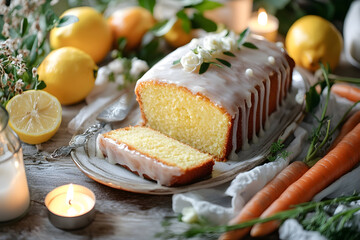 Elegantly glazed lemon loaf cake with fresh citrus and floral decor for dessert inspiration