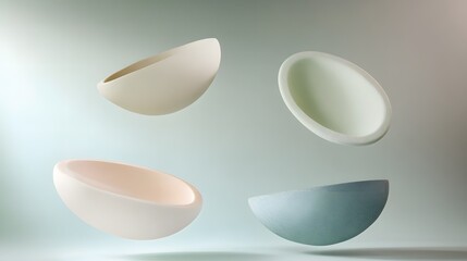3D render of several smooth, pastel-colored, floating egg-shaped forms against a muted teal background.