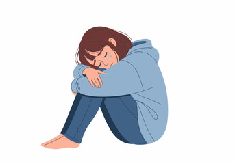 Illustration of a sad girl crying hugging knees wearing hoodie