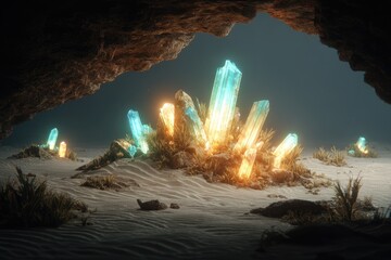 Glowing crystals cluster in a cave-like desert