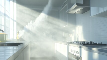 Obraz premium Sun-Drenched Kitchen: Ethereal Light Rays Illuminate Modern Interior, Creating Serene Atmosphere