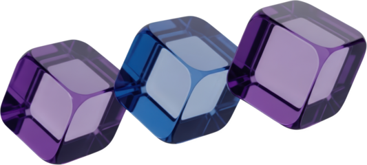 Three abstract translucent cubes in purple and blue hues linked together and rendered with sharp clean edges transparent background