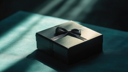 Mysterious Black Gift Box: Dramatic Lighting, Teal Background, Elegant Bow