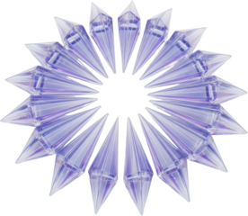 Twenty four translucent faceted geometric spikes arranged in a circular pattern with light purple iridescence isolate