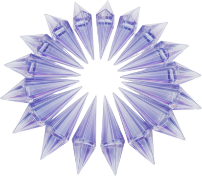 Twenty four translucent faceted geometric spikes arranged in a circular pattern with light purple iridescence isolate