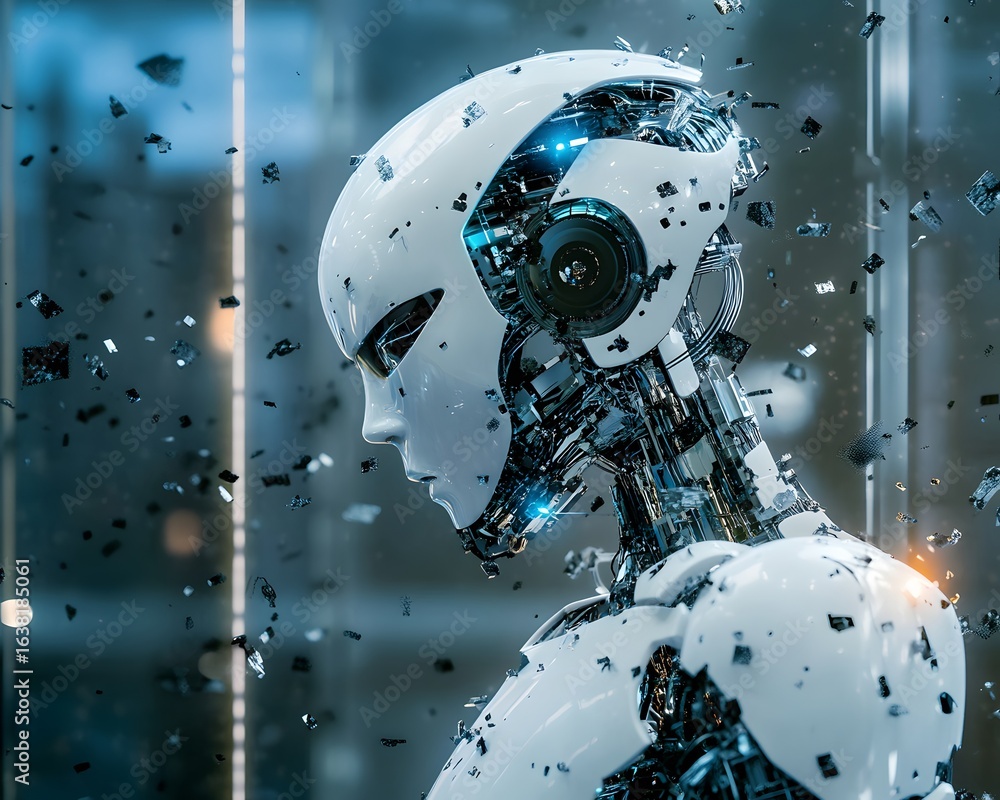 Poster a futuristic robot stands in a modern environment, showcasing sleek design and advanced technology. 
