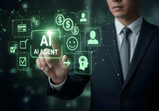 Businessman touching green glowing AI Agent holographic interface with financial and user icons, symbolizing AI AGI ASI artificial intelligence business automation