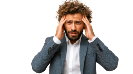 Stressed man holding his head, wearing a suit with a distressed expression, isolated on white background.