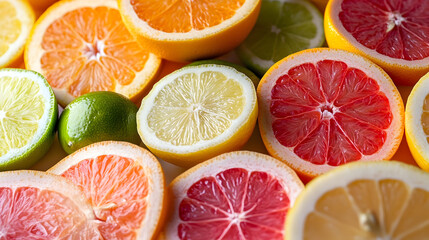 Vibrant citrus medley featuring halved grapefruit, lemon, lime, and orange for fresh decor and design