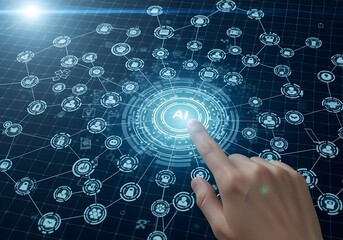 Finger touching glowing AI interface in futuristic digital network with connected icons, symbolizing AI AGI ASI artificial intelligence and machine learning systems