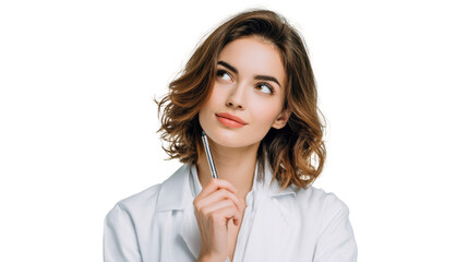 Thoughtful woman in a lab coat pondering a question, isolated on white background.