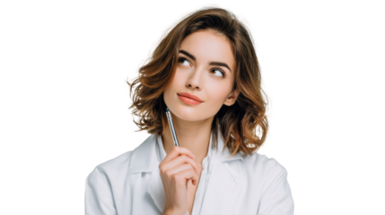 Thoughtful woman in a lab coat pondering a question, isolated on white background.